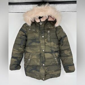 Abercrombie Kids Camouflage Puffer Jacket with Pink Faux Fur Lining